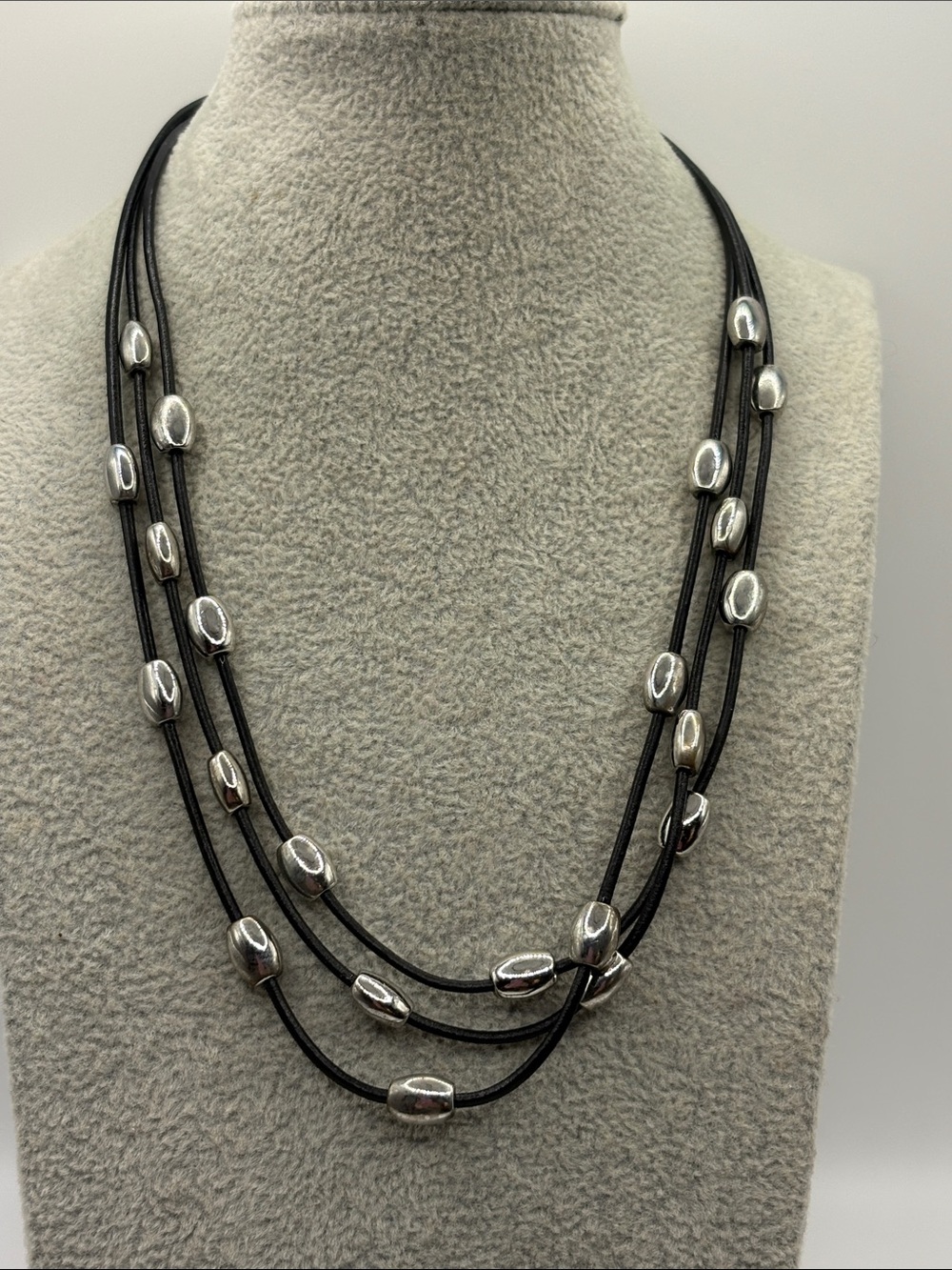 Nine West Black Multi-Strand Cord Necklace with Silver Beads 15-17ā